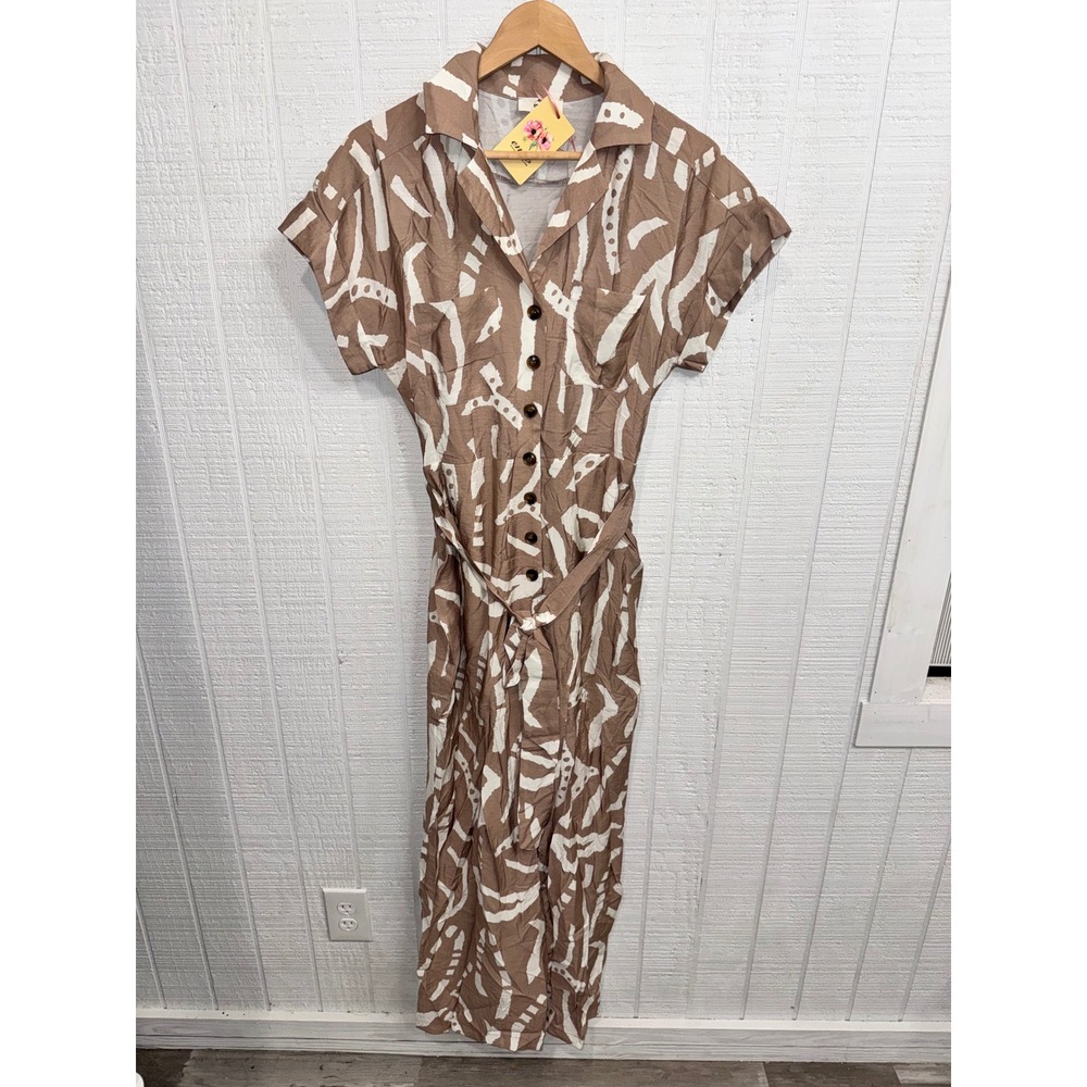 Entro Jumpsuit Womens Mocha White Abstract Print Tie Waist Wide Leg Size M